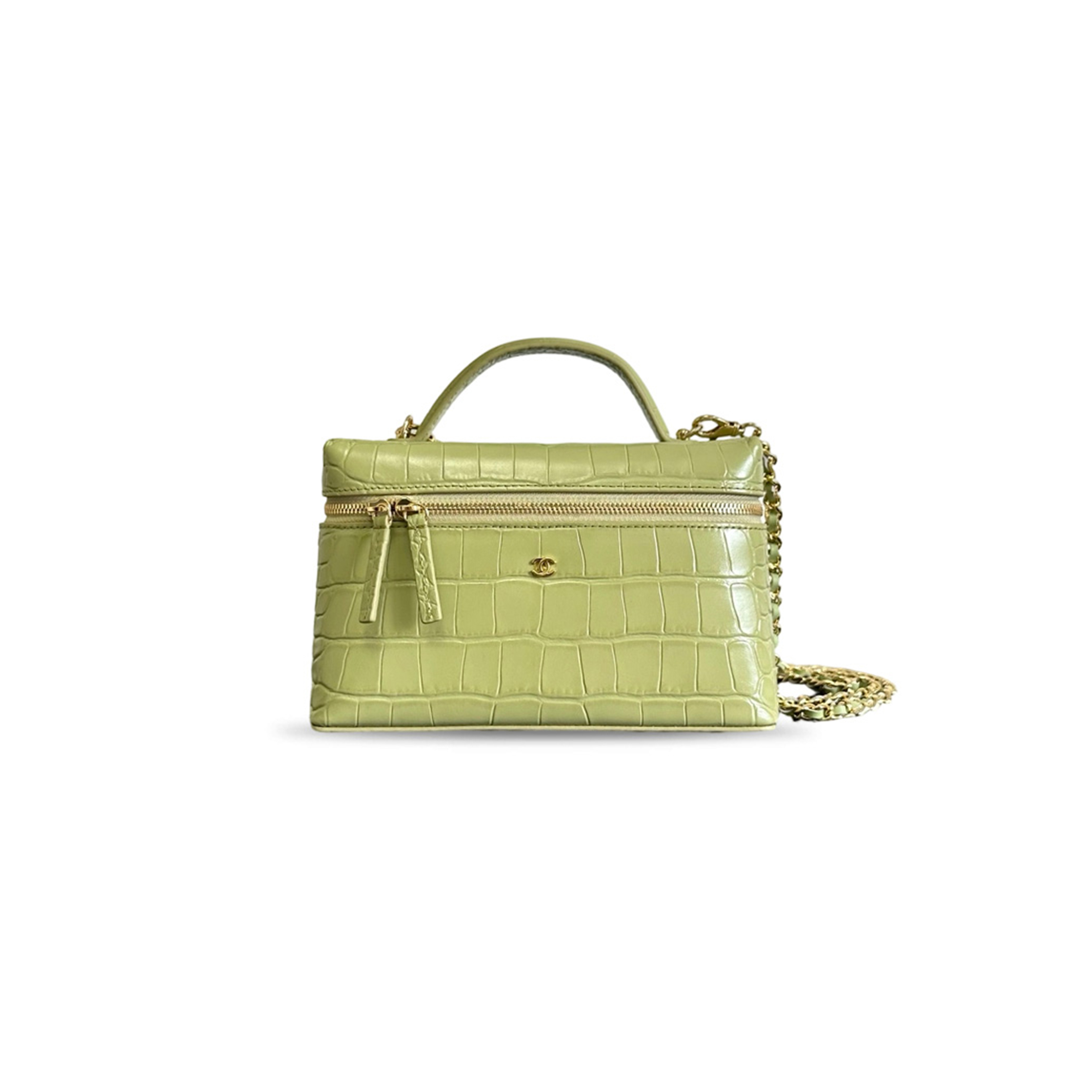 CHANEL MASTER TOP HANDLE LONG VANITY CASE WITH CHAIN CROC EMBOSSED CALFSKIN GOLD HARDWARE (19*14*5cm)